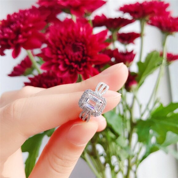 😍Radiant Cut CZ Three Layer Stackable Silver Plated Dainty Wedding Ring, L145 - Picture 6 of 8